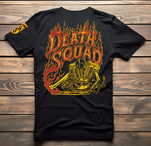 Death Squad “Support Your Locos” Flame Engine Tee – Black Motorcycle T-Shirt