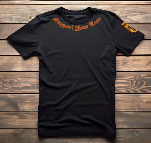 Death Squad “Support Your Locos” Flame Engine Tee – Black Motorcycle T-Shirt